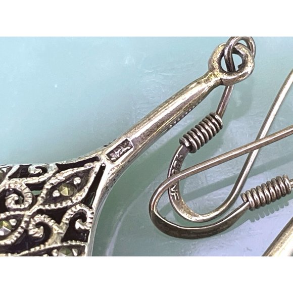 Vintage 925 Sliver Marcasite Tear Drop Dangle Earrings - Picture 5 of 14